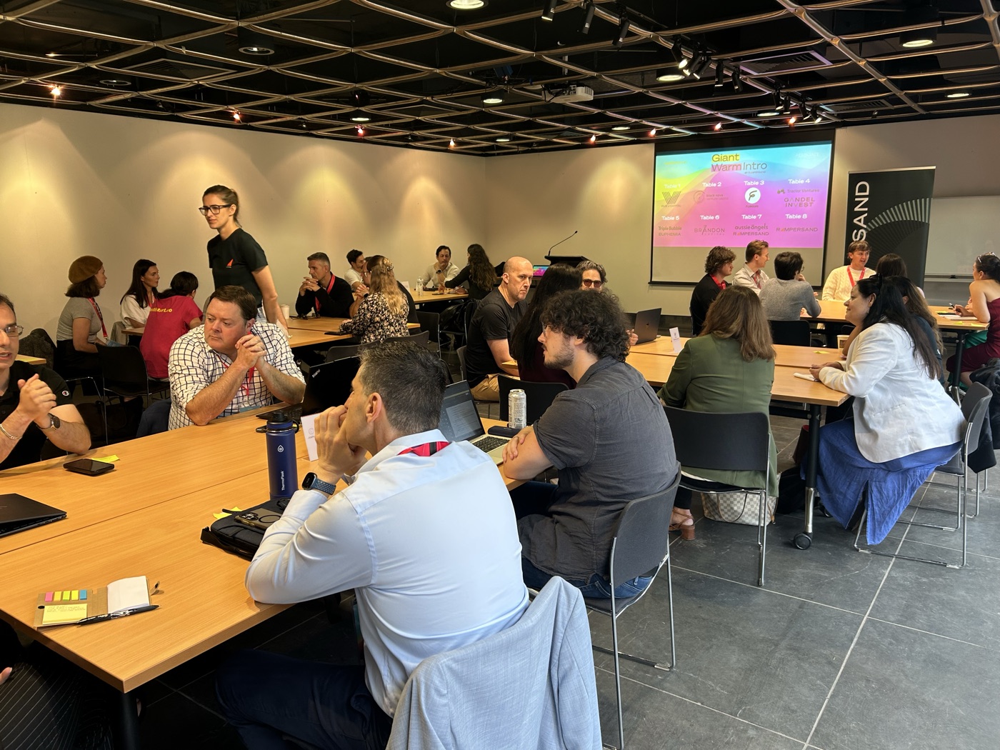 Founders and investors in small-group sessions at Rampersand's Giant Warm Intro at SOUTHSTART in Adelaide